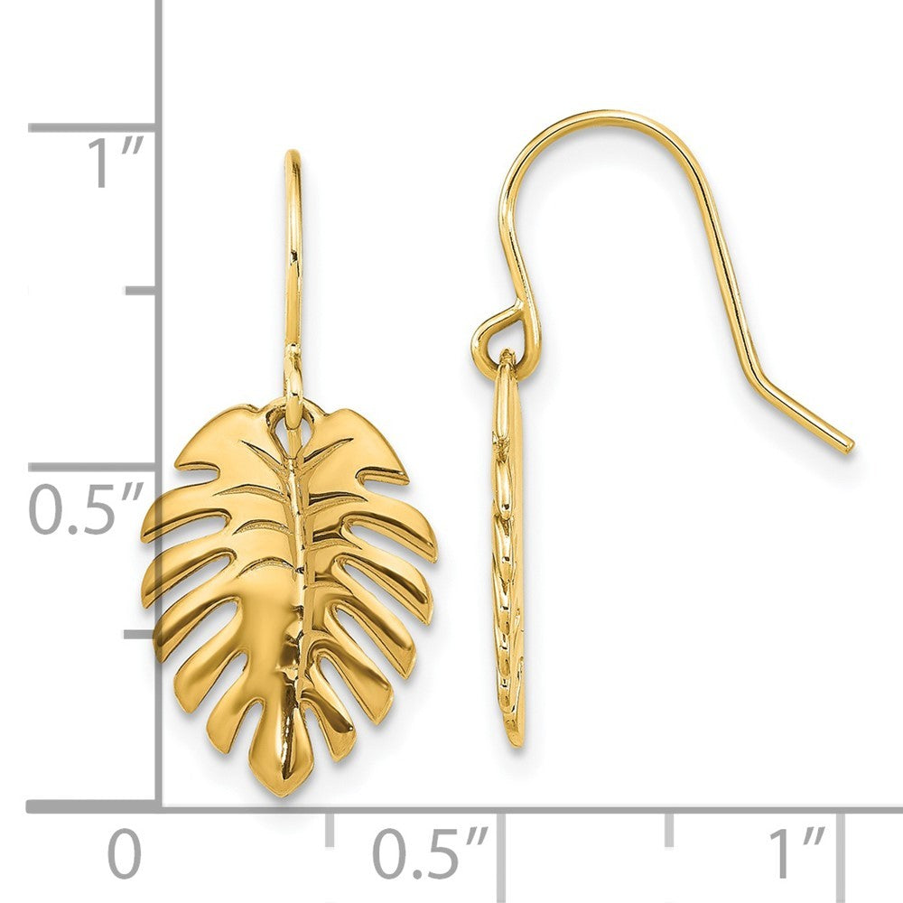 14k Yellow Gold Polished Palm Leaf Drop Dangle Earrings w/ Shepherd Hook