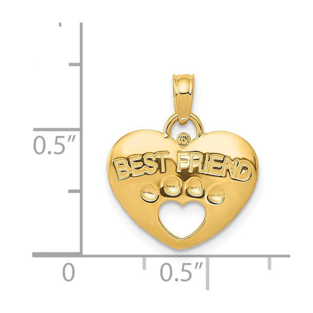 14k Yellow Gold BEST FRIEND on Heart with Cut-Out Paw Pendant
