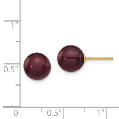14k Yellow Gold 8-9mm Brown Round Freshwater Cultured Pearl Stud Earrings