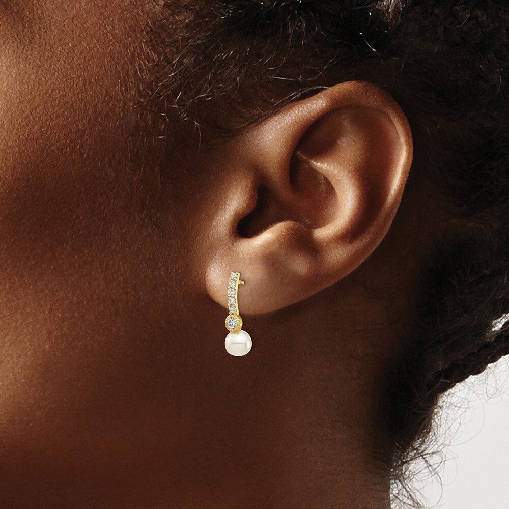 14k Yellow Gold 6mm Semi-round Cultured Pearl Cubic Zirconia Drop Stud Earrings