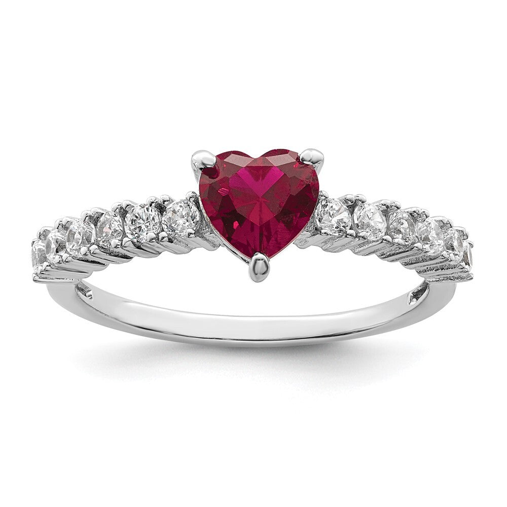 Sterling Silver Polished Rhodium-plated Created Ruby and CZ Heart Ring Size 8