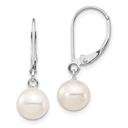 14k White Gold 7-8mm Round Freshwater Cultured Pearl Dangle Earrings