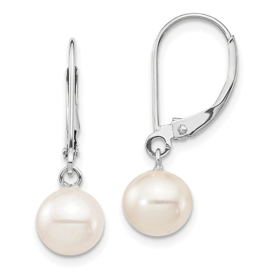 14k White Gold 7-8mm Round Freshwater Cultured Pearl Dangle Earrings