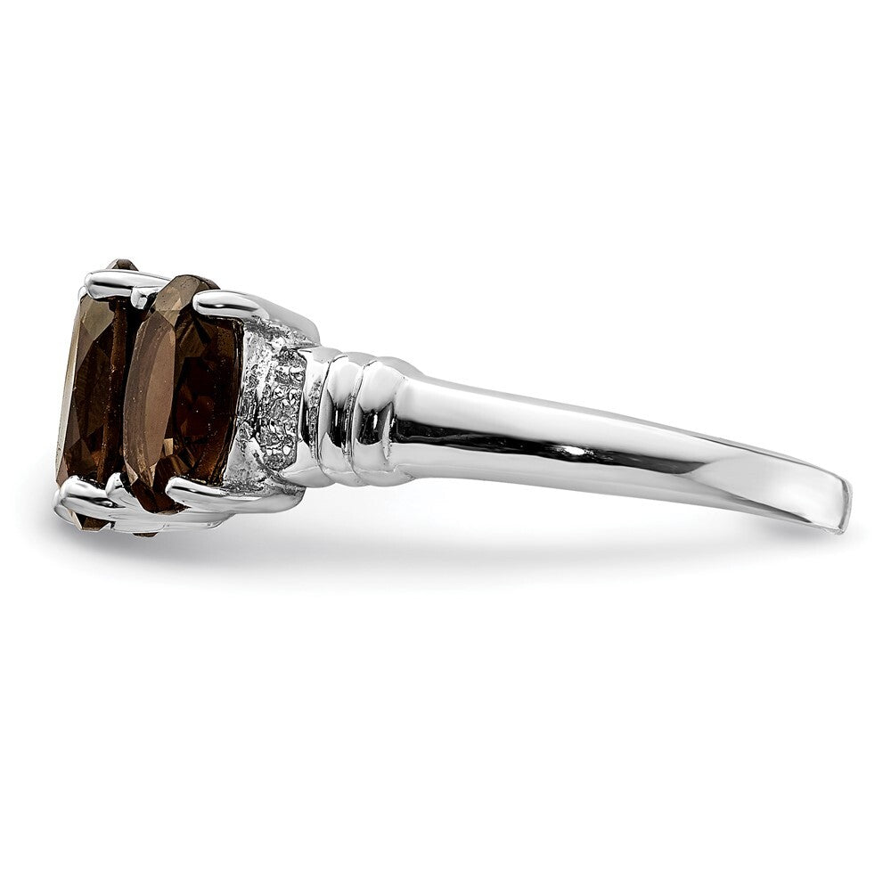 Sterling Silver Rhodium 3 Stone Smoky Quartz & Diamond Ring Size 6