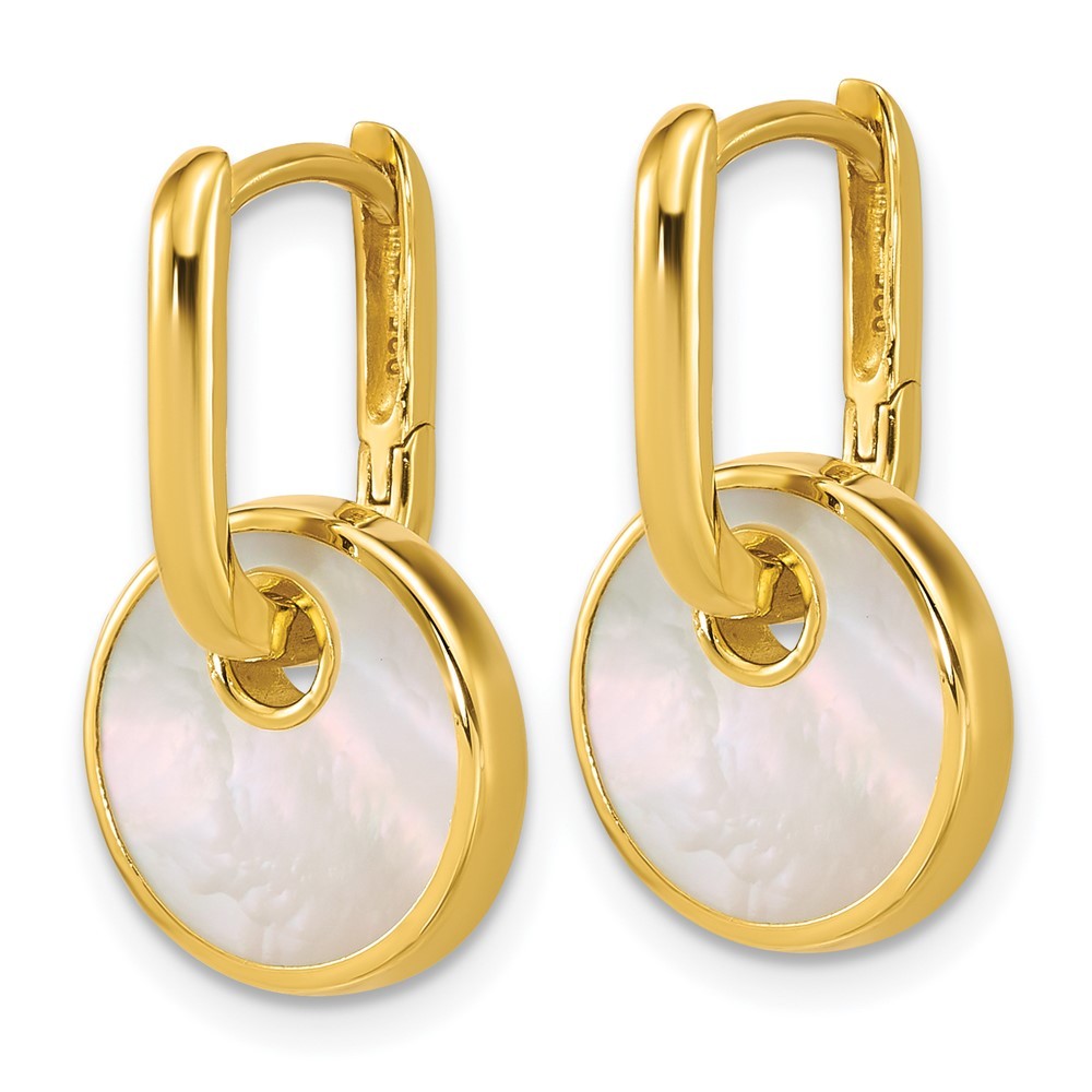 Sterling Silver Gold-plated Mother of Pearl Circle Drop Hinged Hoop Earrings