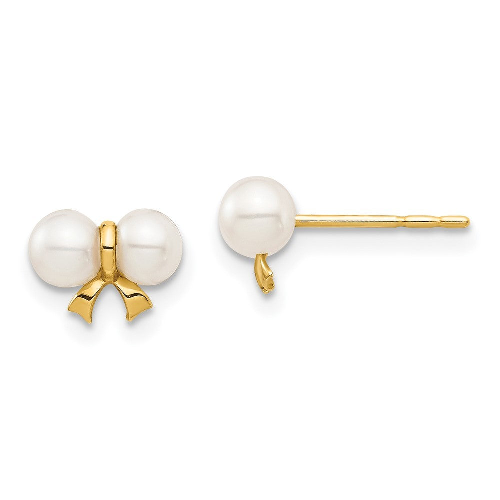 14k Yellow Gold 3-4mm White Round Freshwater Cultured Pearl Bow Earrings