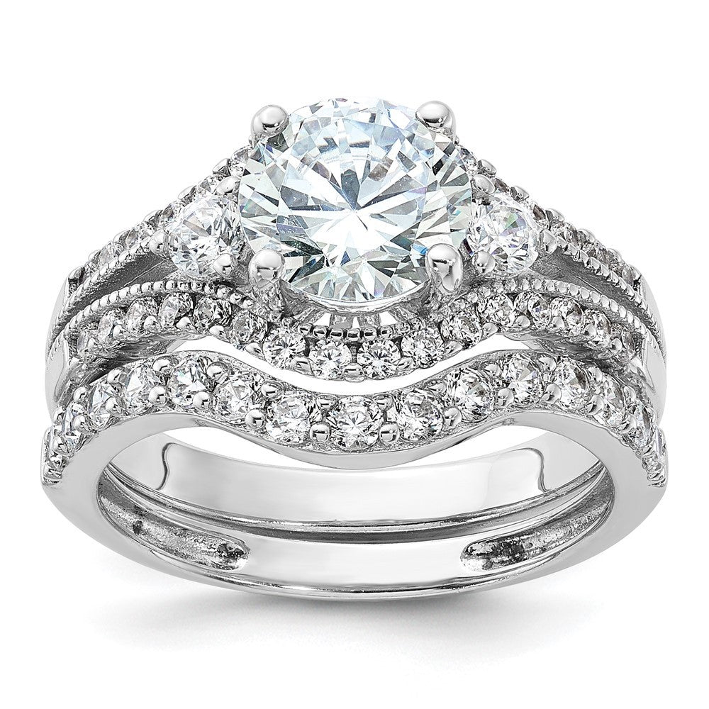 Sterling Silver Rhodium-plated CZ Engagement Ring and Band Ring Set