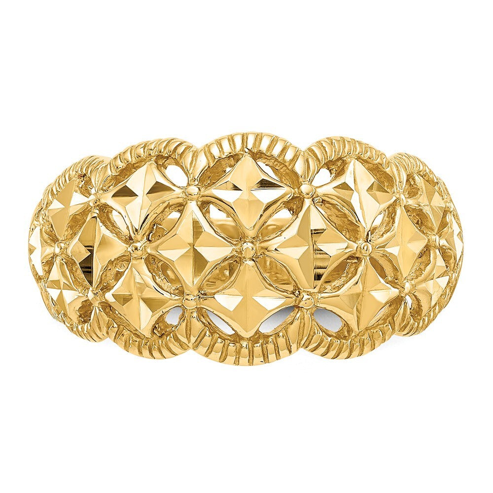 14K Yellow Gold Diamond-cut Scalloped Edge Pattern Dome Ring