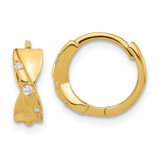 14k Yellow Gold Polished Cubic Zirconia Criss Cross Twist Hinged Hoop Earrings
