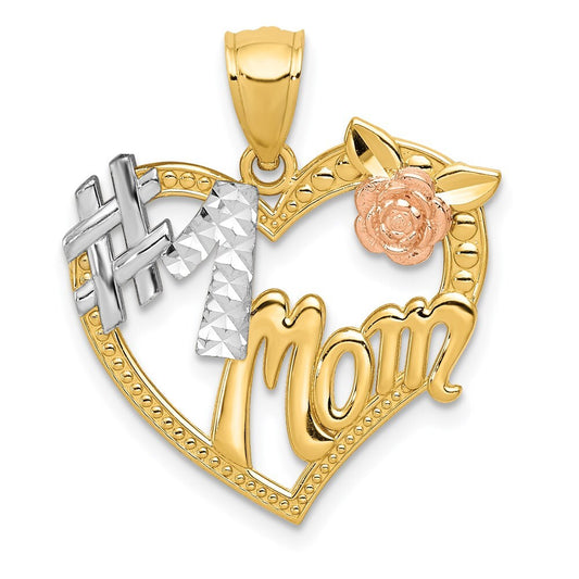 14k Two-tone Gold White Rhodium #1 MOM Heart Pendant for Women