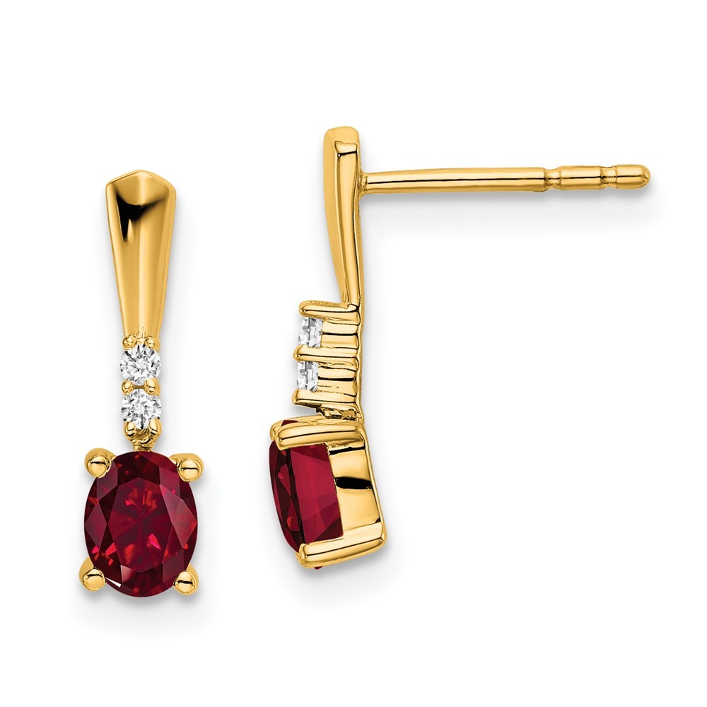 14k Yellow Gold Oval Created Ruby and Diamond Dangle Earrings