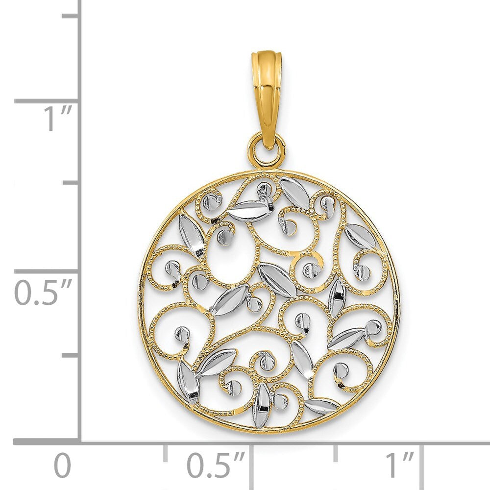 14k Yellow Gold Rhodium Diamond-Cut Filigree Round Charm Pendant for Women