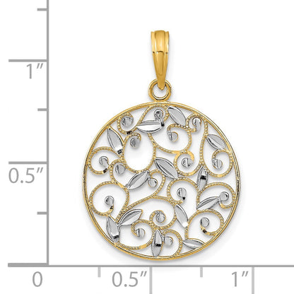 14k Yellow Gold Rhodium Diamond-Cut Filigree Round Charm Pendant for Women