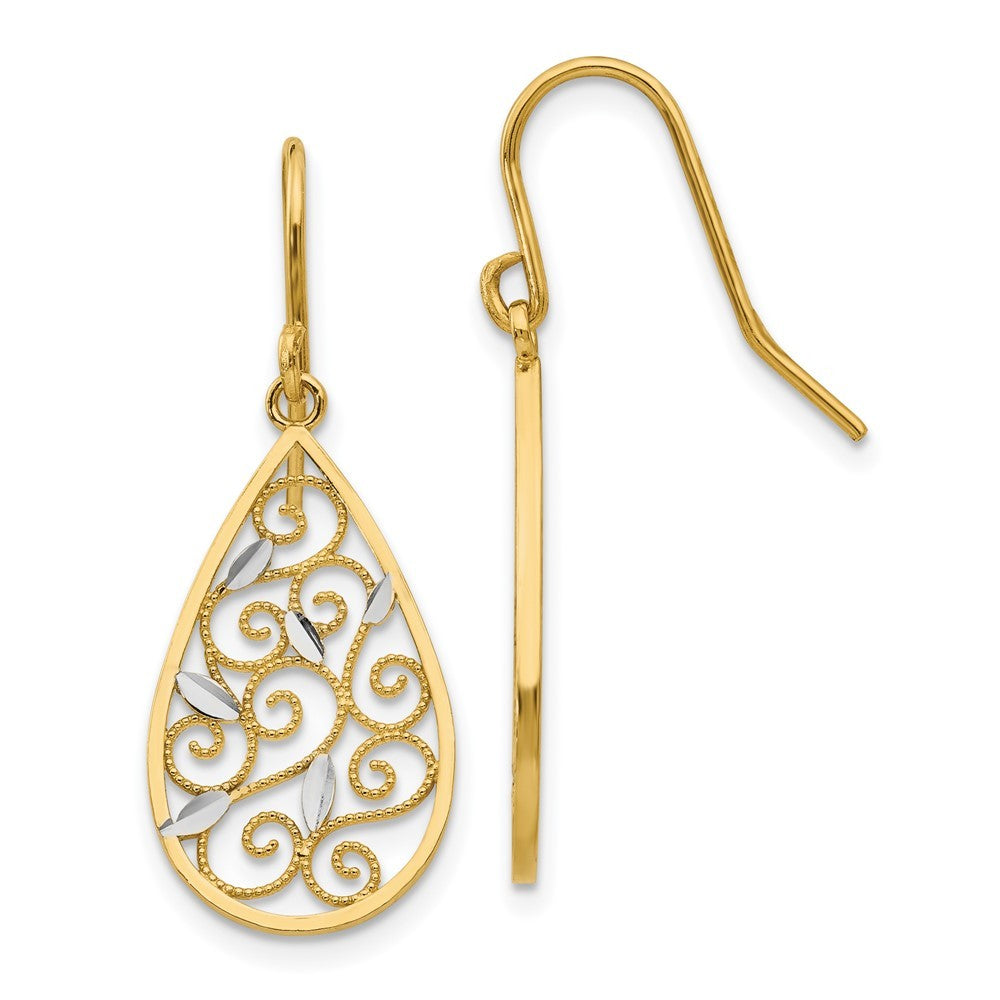 14k Yellow Gold White Rhodium Diamond-cut Filigree Teardrop Wire Earrings