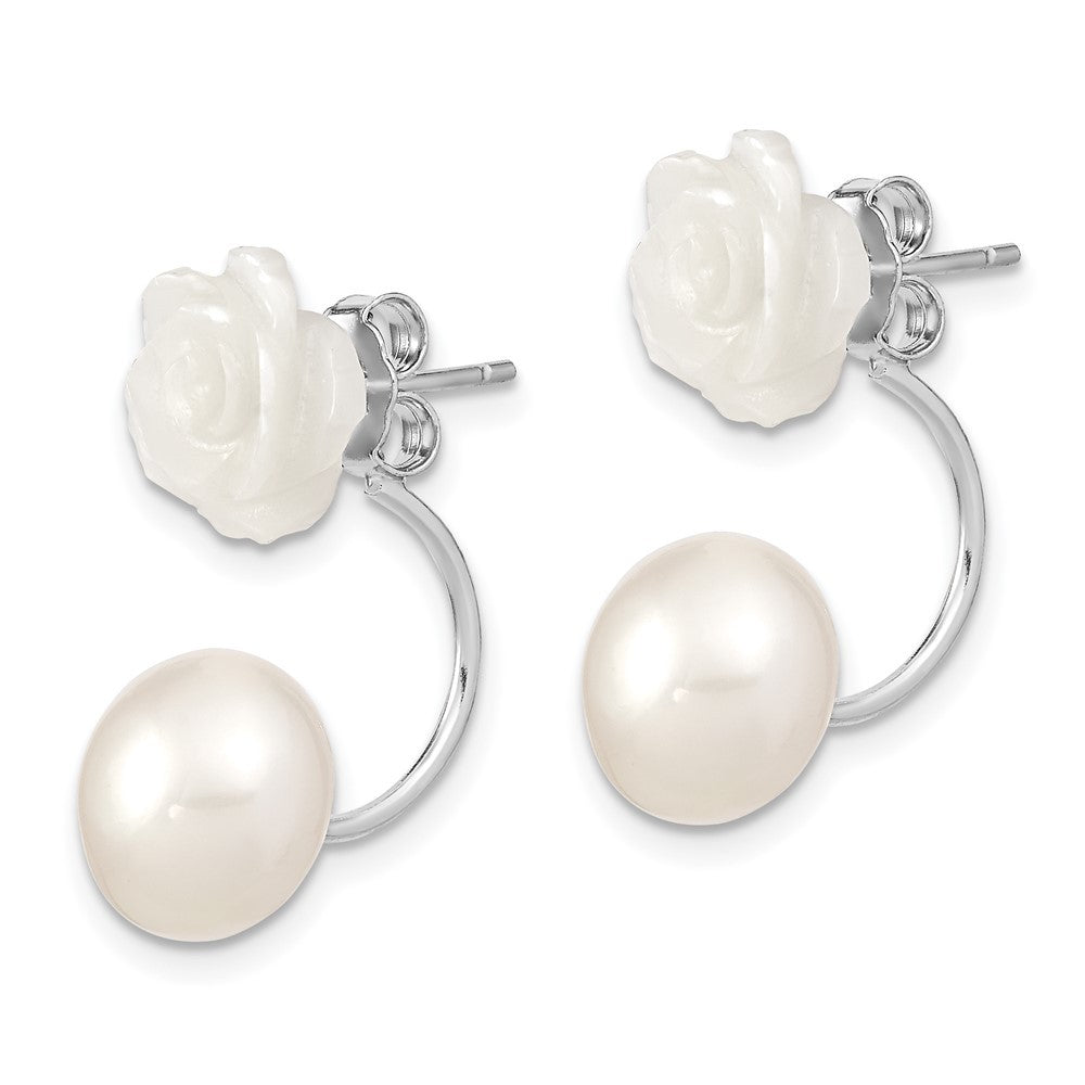 Sterling Silver Freshwater Cultured Pearl & Mother Flower Front & Back Earrings