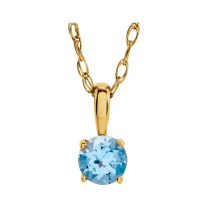 14k Yellow Gold 3 mm Blue Zircon Solitaire Pendant Necklace 14"