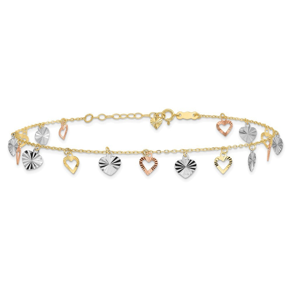 14K Tri-Color Dangle Hearts 9 inch Plus 1 inch Extender - Total 10 inch Anklet