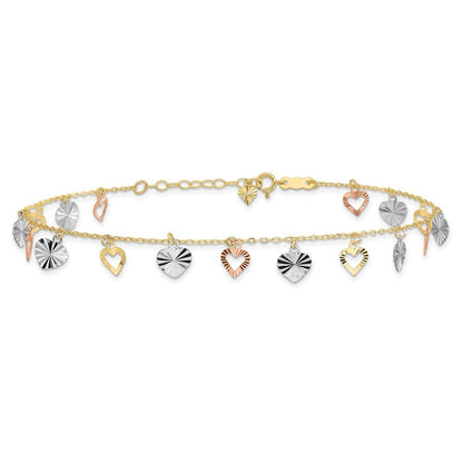 14K Tri-Color Dangle Hearts 9 inch Plus 1 inch Extender - Total 10 inch Anklet