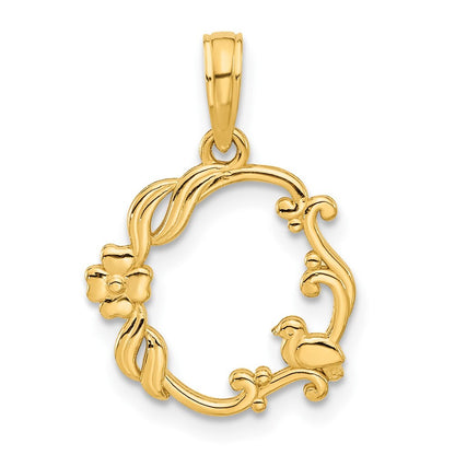 14k Yellow Gold Polished Floral with Bird Circle Pendant for Women