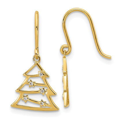 14k Yellow Gold Polished CZ Christmas Tree Shepherd Hook Dangle Earrings