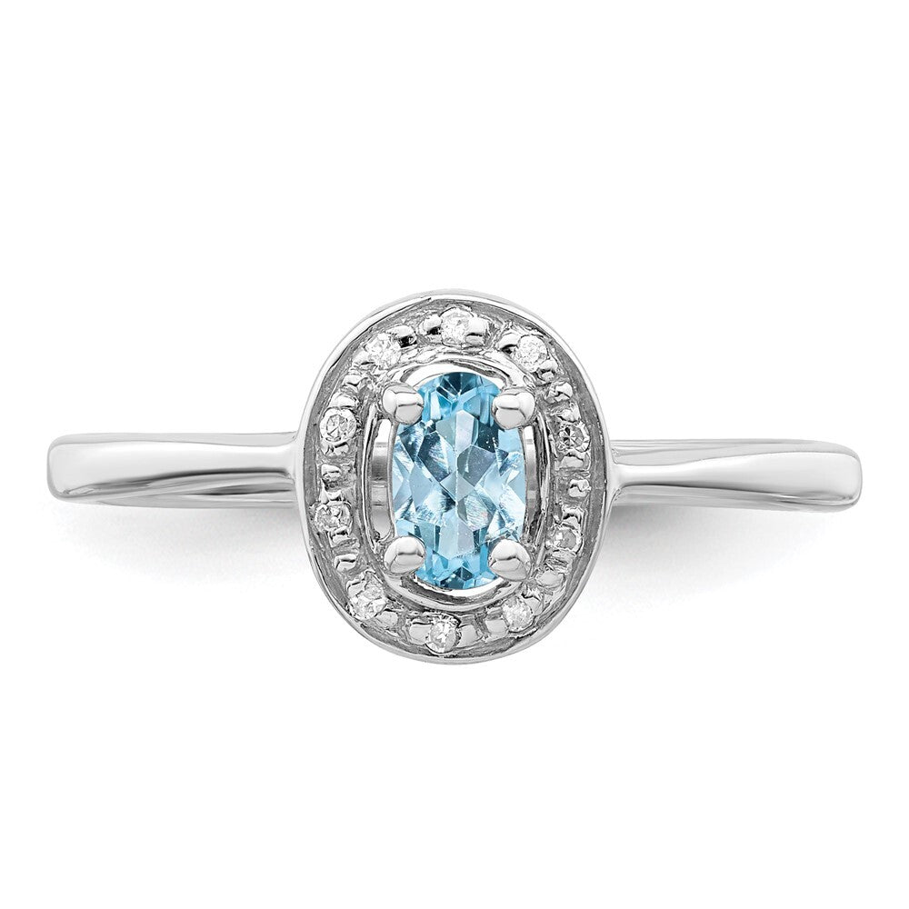 Sterling Silver Rhodium Aquamarine & Diamond Ring Size 7