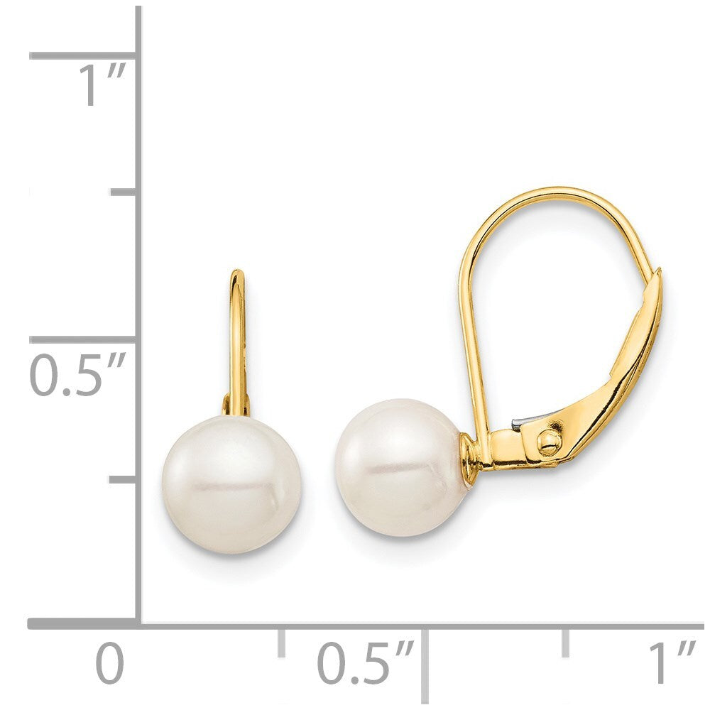 14k Yellow Gold 6-7mm White Round Freshwater Cultured Pearl Leverback Earrings