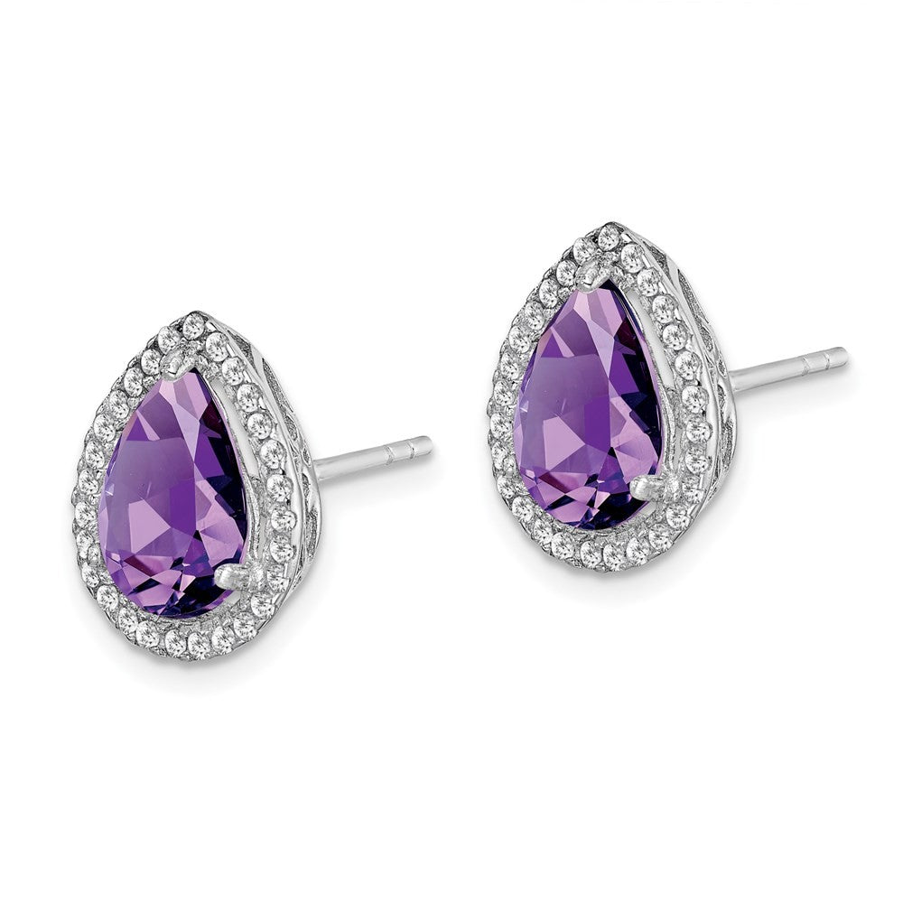 Sterling Silver Rhodium Polished Amethyst & CZ Earrings