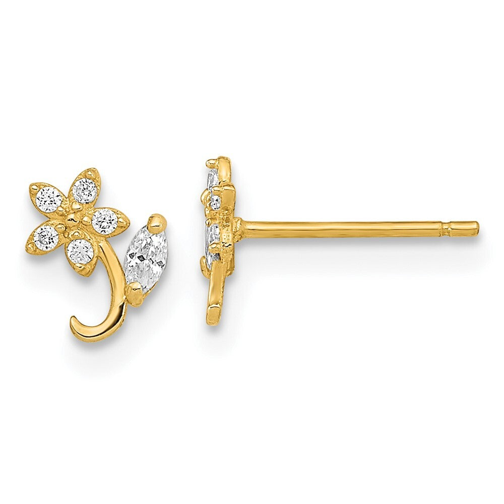 14k Yellow Gold Polished Flower Cubic Zirconia Stud Earrings Gift for Women