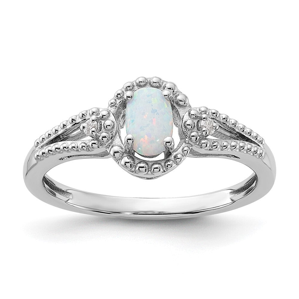 Sterling Silver Rhodium-plated Created Opal & Diamond Ring