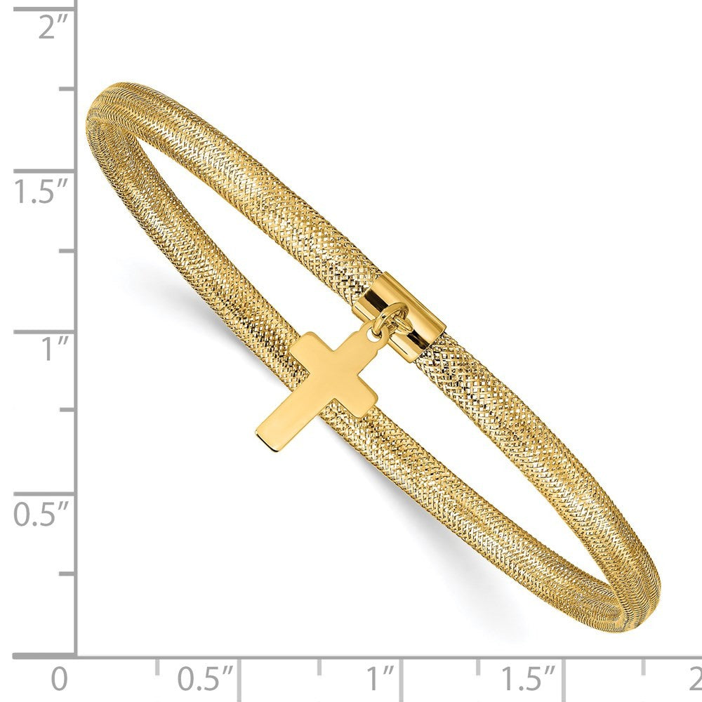 14k Yellow Gold 4mm Cross Dangle Woven Mesh Slip-on Stretch Bracelet
