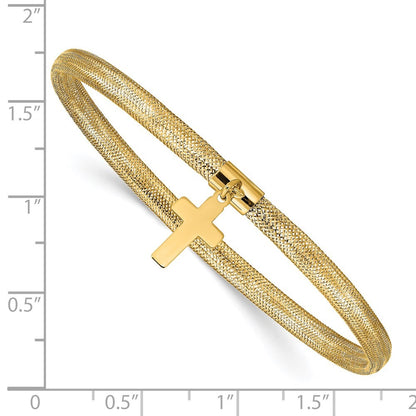 14k Yellow Gold 4mm Cross Dangle Woven Mesh Slip-on Stretch Bracelet
