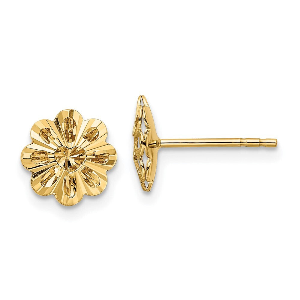 14k Yellow Gold Polished Diamond-cut Snowflake Stud Earrings Gift for Women