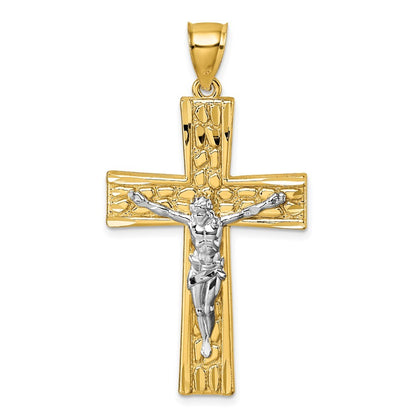 14k Yellow Gold Polished with Rhodium Diamond-cut Nugget Crucifix Pendant