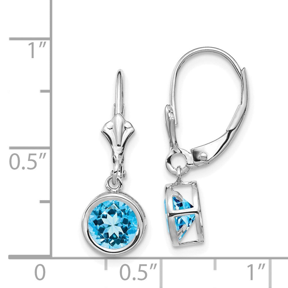 14k White Gold 6mm Blue Topaz Dangle Earrings Leverback Gift for Women