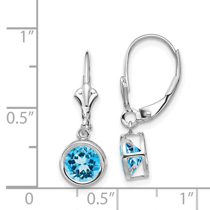 14k White Gold 6mm Blue Topaz Dangle Earrings Leverback Gift for Women