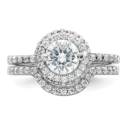 Sterling Silver Rhodium-plated CZ Halo Engagement Ring & Band Set Size 6