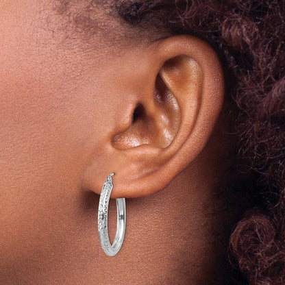 14k White Gold Diamond-cut 3mm Round Hoop Earrings Gift for Women