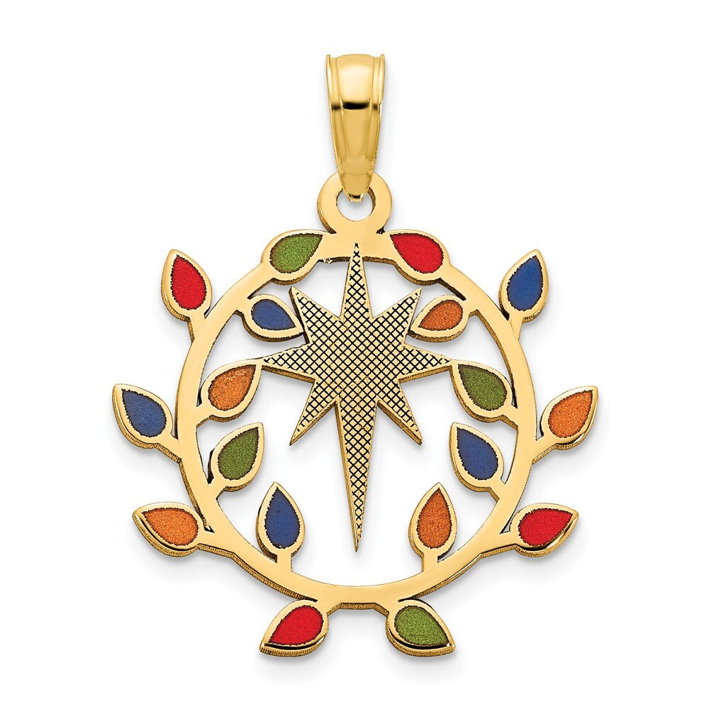 14k Yellow Gold Epoxy Christmas Lights and North Star Pendant for Women