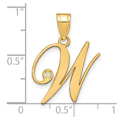 14k Yellow Gold Script Letter W Initial Pendant with Diamond for Women