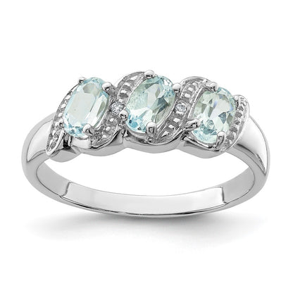 Sterling Silver Rhodium Aquamarine & Diamond Ring Size 8