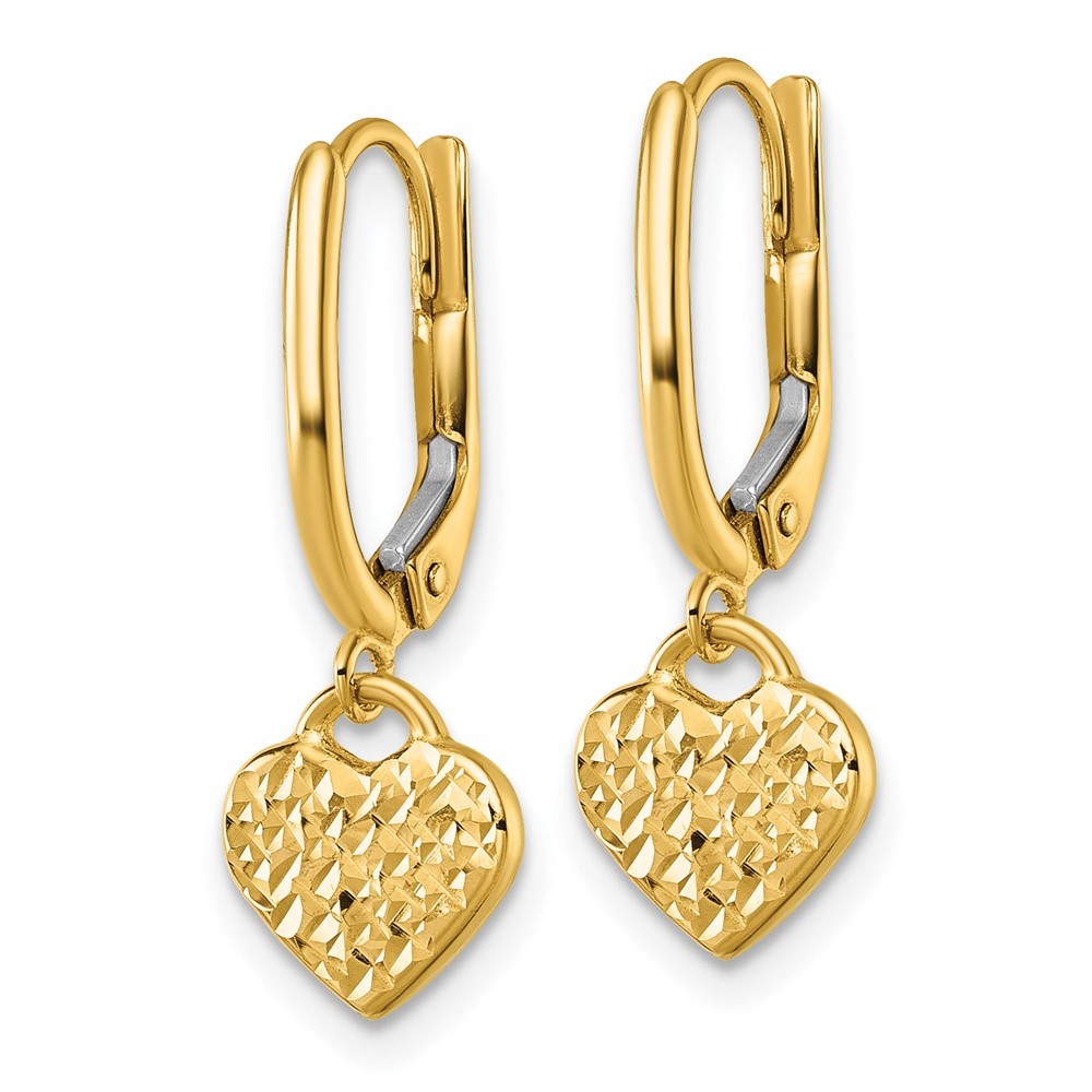 14k Yellow Gold Polished Diamond-cut Heart Drop Dangle Earrings