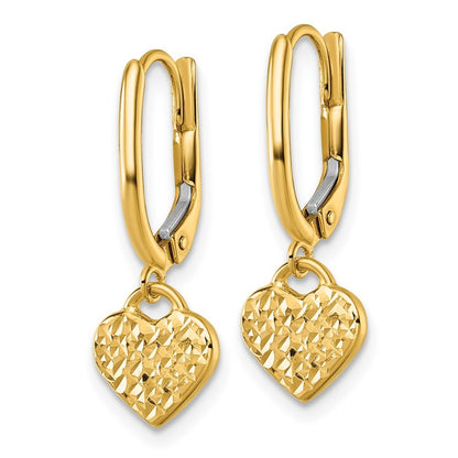 14k Yellow Gold Polished Diamond-cut Heart Drop Dangle Earrings