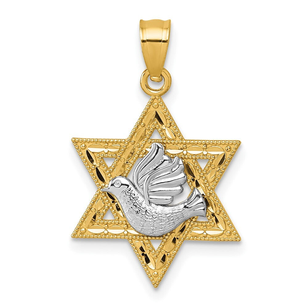 14k Two-tone Gold Textured/Diamond-cut Dove On Star Of David Pendant