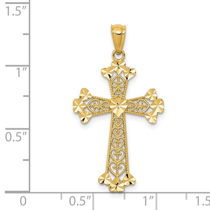 14k Yellow Gold Diamond-cut Polished Filigree Hearts Cross Pendant