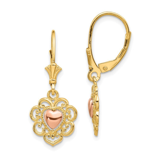 14K Two-tone Heart with Lace Trim Drop Dangle Earrings