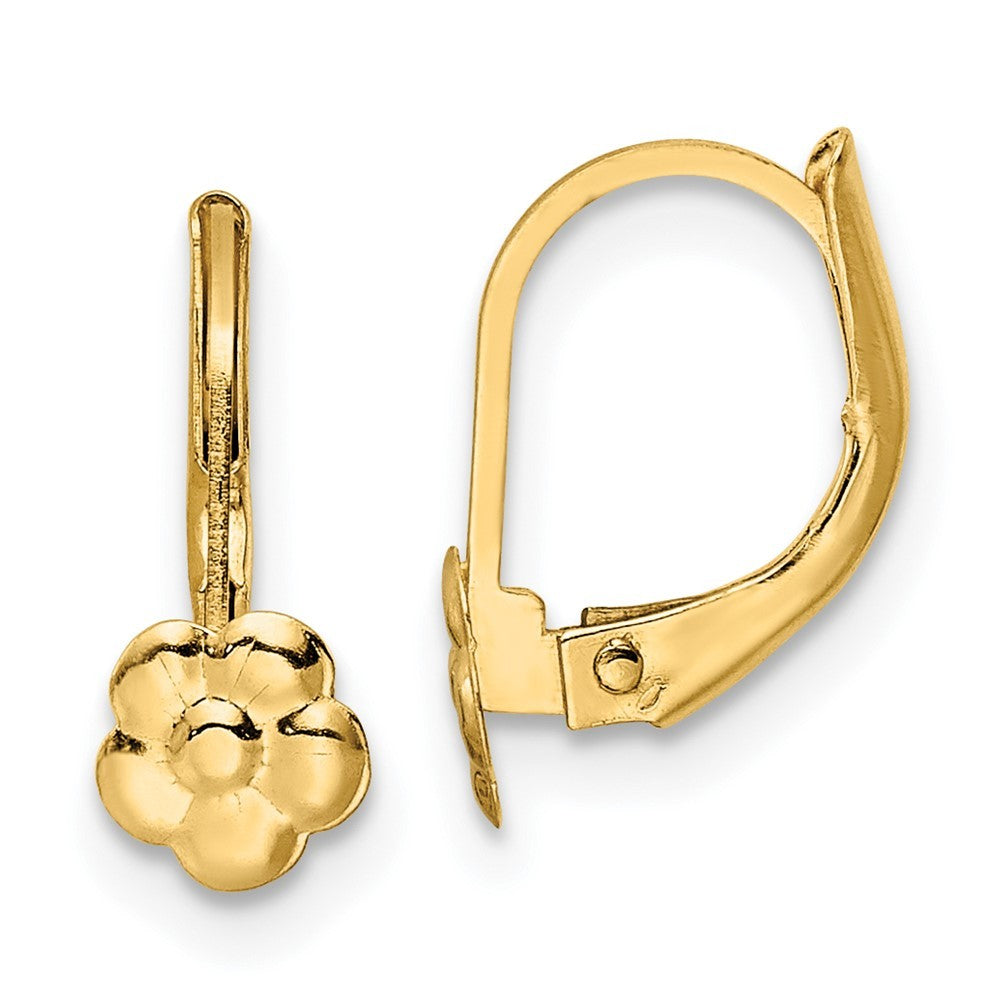 14k Yellow Gold Polished Flower Leverback Earrings