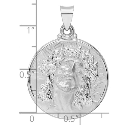 14k White Gold Polished and Satin Hollow Jesus Face Disc Pendant for Women