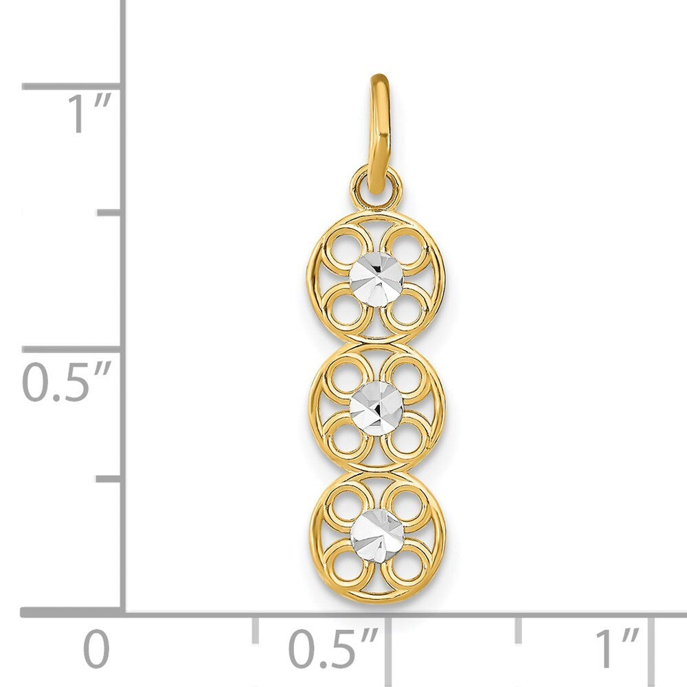 14k Yellow Gold Rhodium and Diamond-Cut 3 Circle Charm Pendant for Women