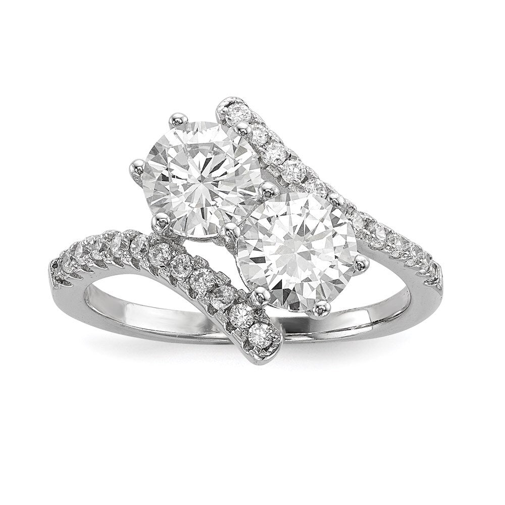 Sterling Silver Rhodium-plated Cubic Zirconia Two Stone Round Bypass Ring Size 6