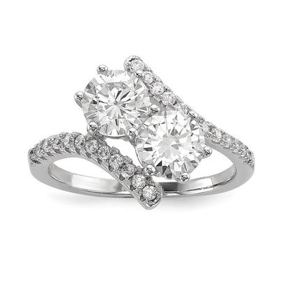 Sterling Silver Rhodium-plated Cubic Zirconia Two Stone Round Bypass Ring Size 6